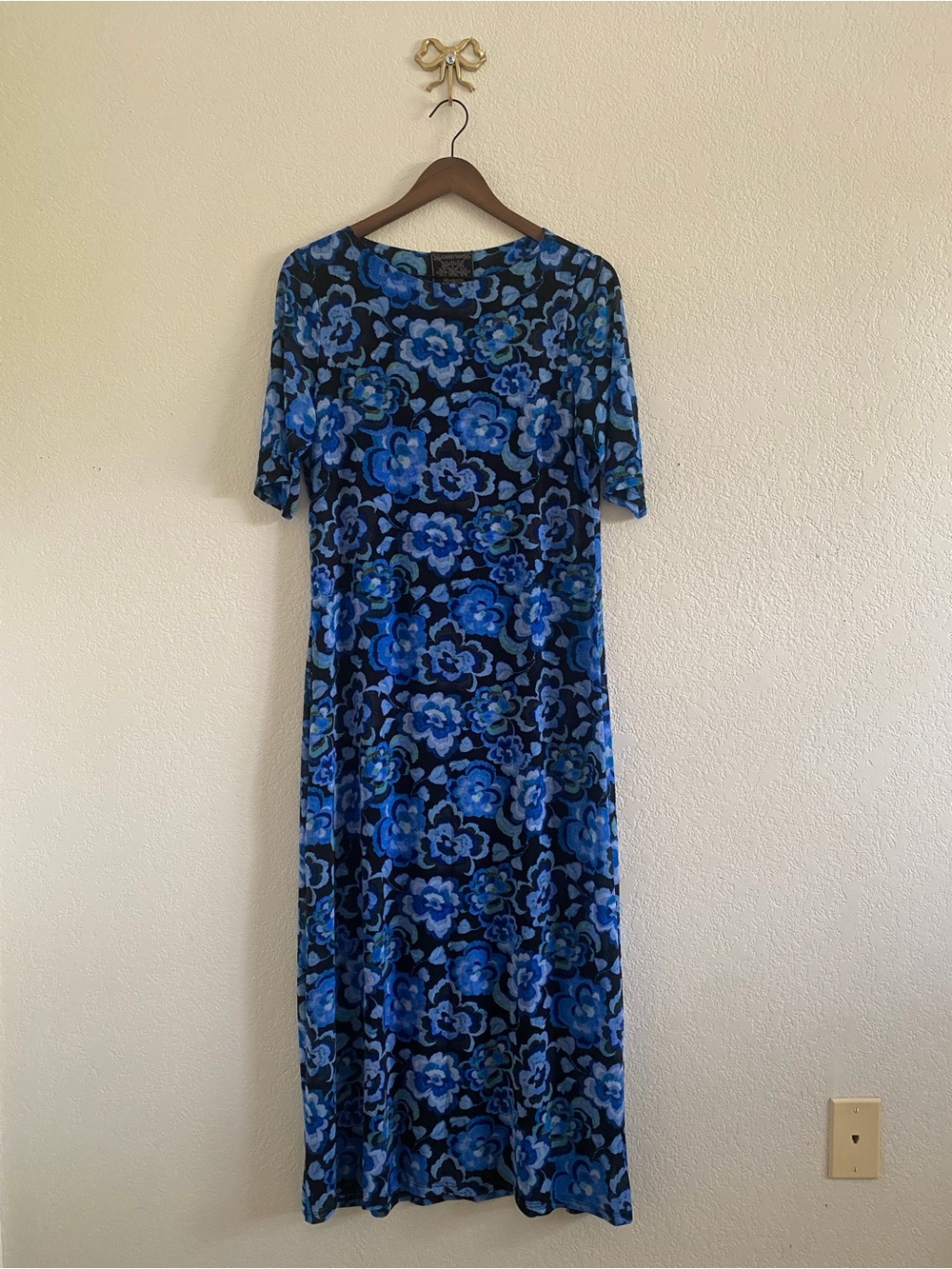 Johnny Was Blue Calanthe Mesh Midi Dress, Size Large Floral Short Sleeve